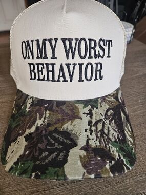 On My Worst Behavior Beige & Camouflage Trucker Hat Snapback-NWOT